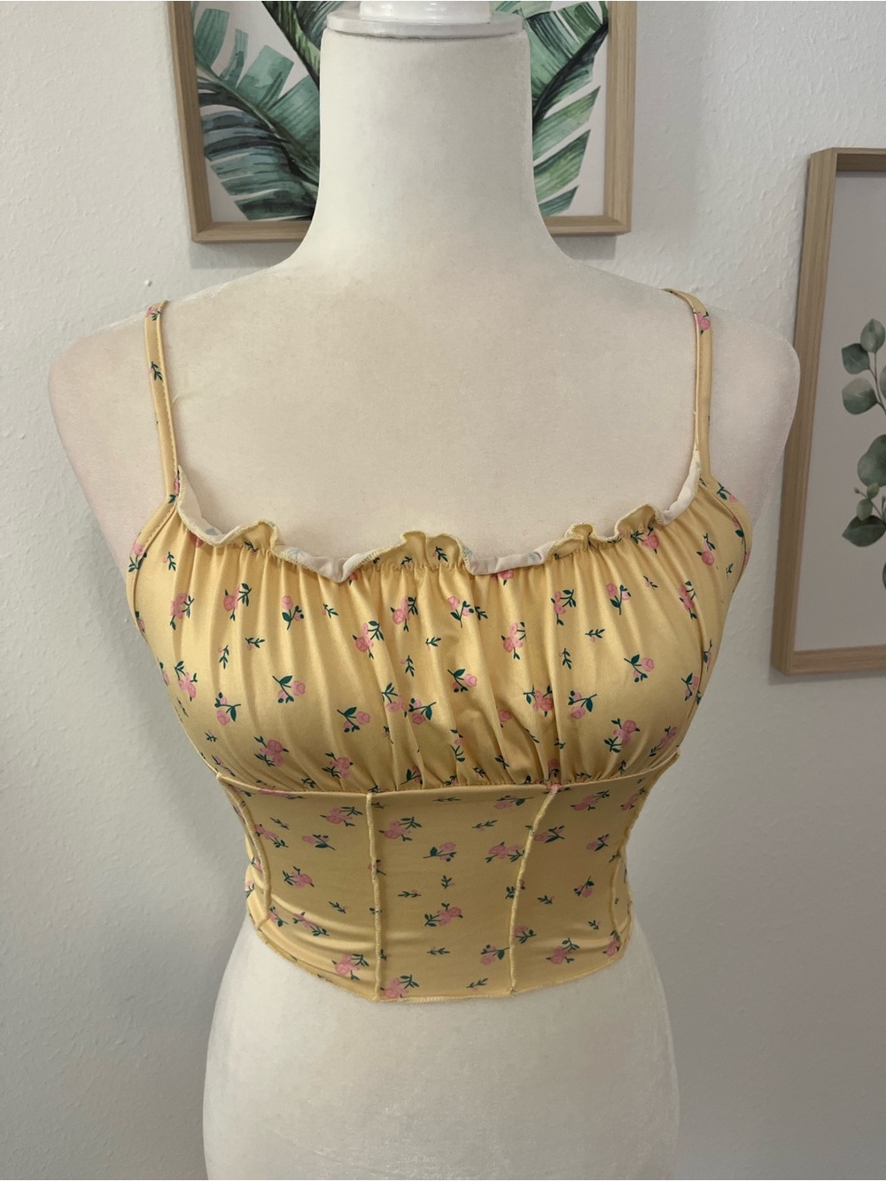 Shein Top | Floral Ruched Crop Top | Color: Yellow